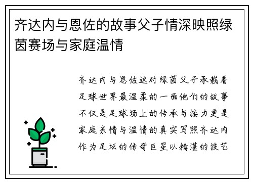 齐达内与恩佐的故事父子情深映照绿茵赛场与家庭温情