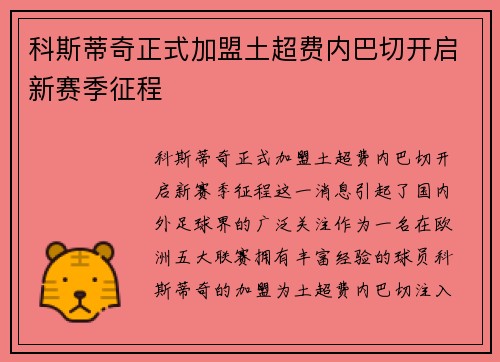 科斯蒂奇正式加盟土超费内巴切开启新赛季征程 科斯蒂奇正式加盟土超费内巴切开启新赛季征程