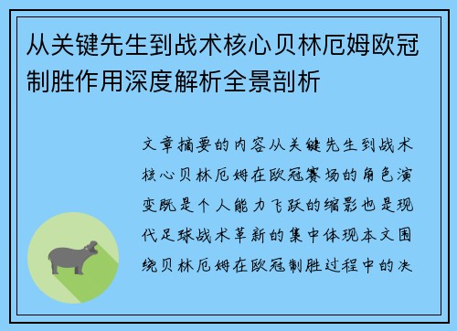 从关键先生到战术核心贝林厄姆欧冠制胜作用深度解析全景剖析